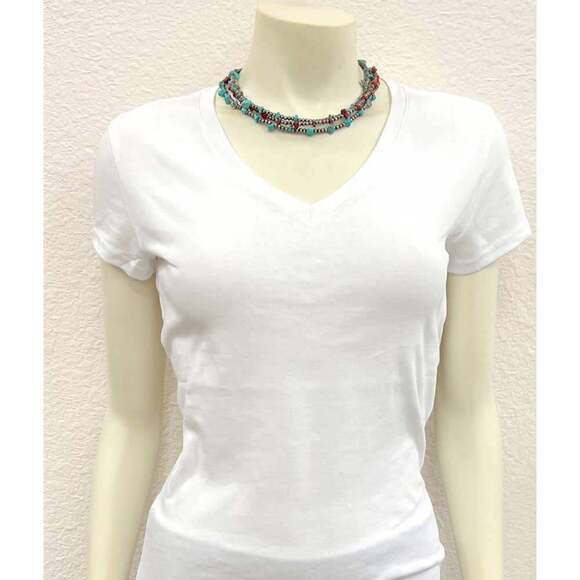 Handmade Navajo Coral and Turquoise Three Strand Necklace 16 to 21 Inches - Picture 3 of 3